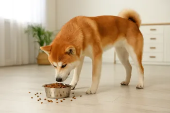 Chien : Photos prix d'un Akita Inu qui mange des croquettes
