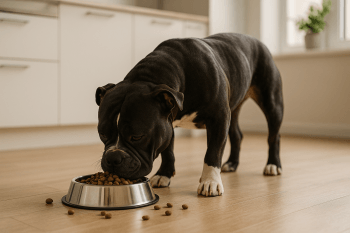 Chien : Photos prix d'un American Bully qui mange des croquettes