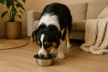 Chien : Photos prix d'un Berger Australien qui mange des croquettes