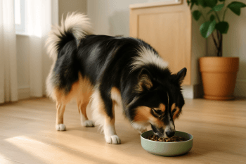 Chien : Photos prix d'un Berger Islandais qui mange des croquettes