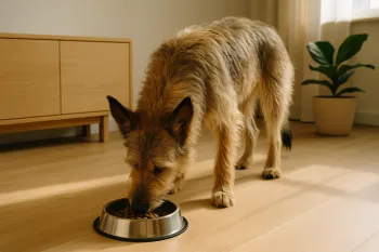 Chien : Photos prix d'un Berger Picard qui mange des croquettes