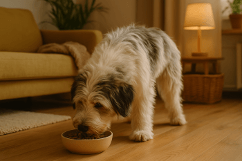 Chien : Photos prix d'un Berger Polonais de Plaine qui mange des croquettes