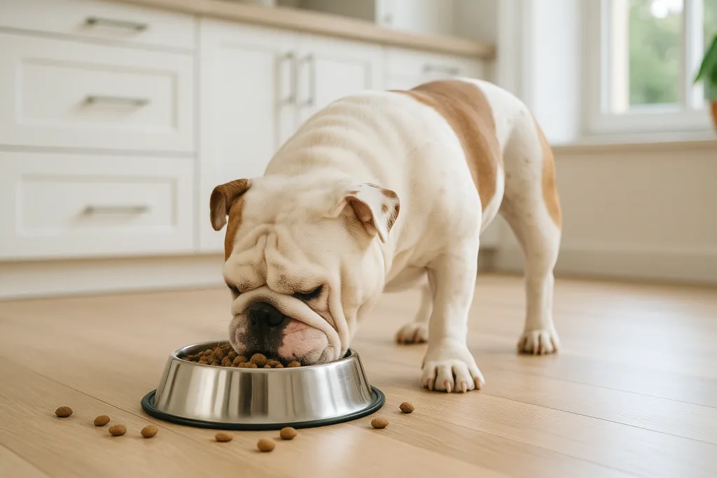 Chien : Photos prix d'un Bouledogue Anglais (Bulldog) qui mange des croquettes