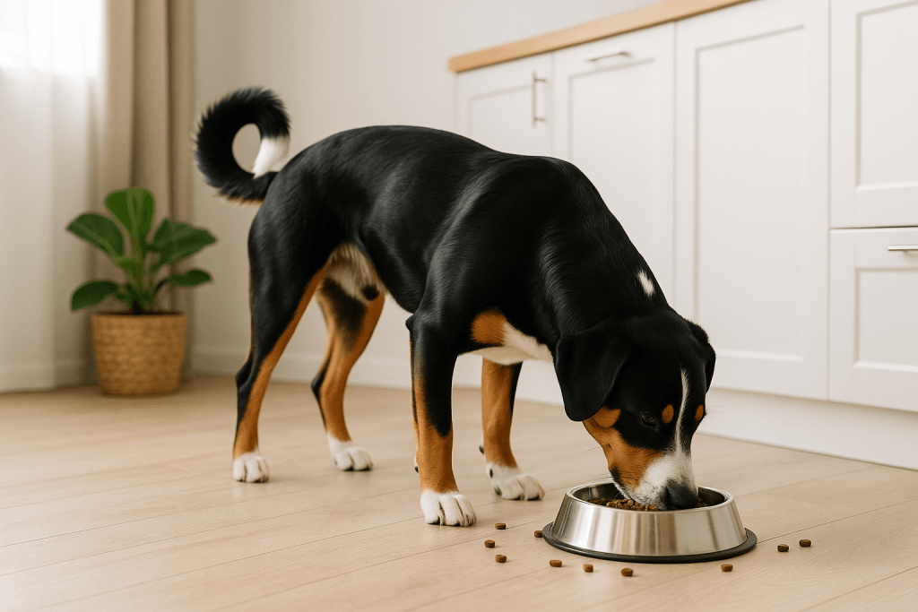 Chien : Photos prix d'un Bouvier de l'Appenzell qui mange des croquettes