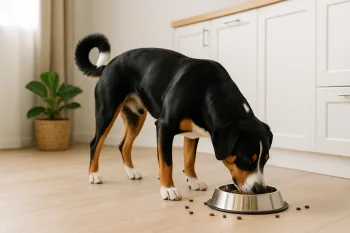 Chien : Photos prix d'un Bouvier de l'Appenzell qui mange des croquettes