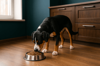 Chien : Photos prix d'un Bouvier de l'Entlebuch qui mange des croquettes