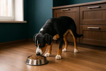 Chien : Photos prix d'un Bouvier de l'Entlebuch qui mange des croquettes