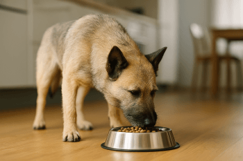 Chien : Photos prix d'un Bouvier des Ardennes qui mange des croquettes