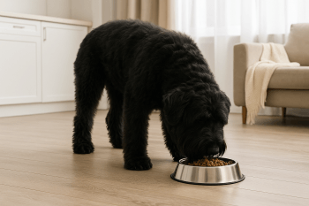 Chien : Photos prix d'un Bouvier des Flandres qui mange des croquettes