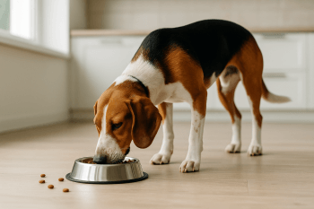 Chien : Photos prix d'un Brachet Allemand qui mange des croquettes