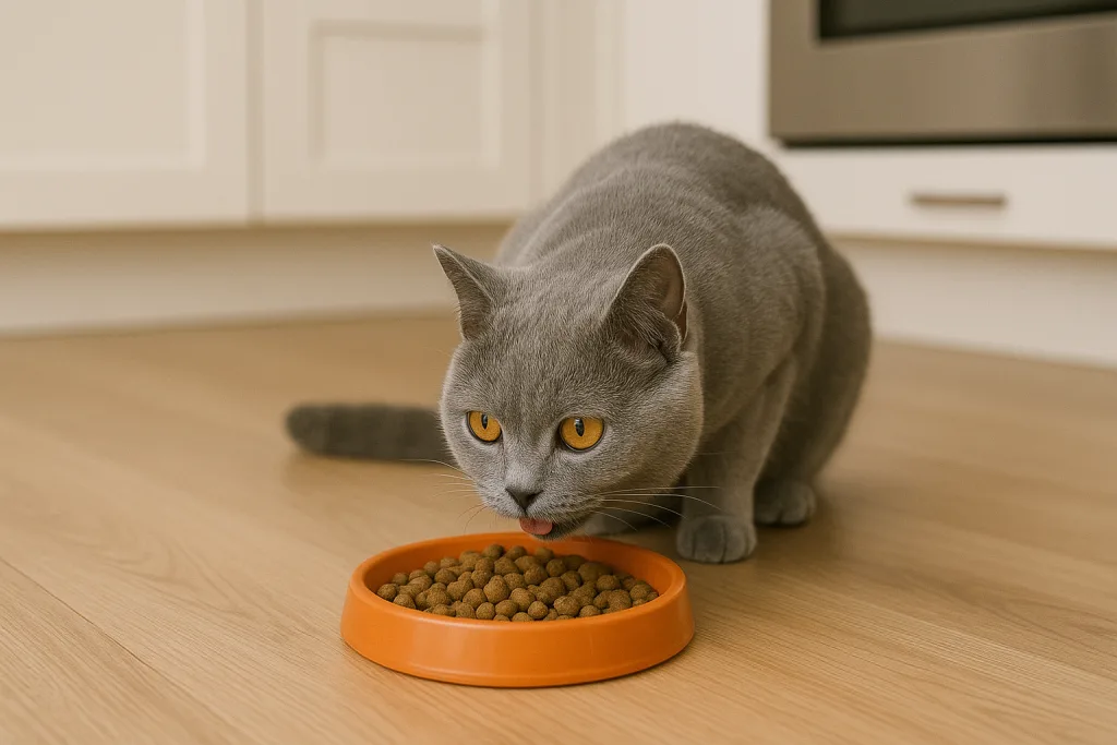 Chat : Photos prix d'un Chartreux qui mange des croquettes
