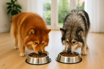 Chien : Photos prix d'un Chien Finnois de Laponie qui mange des croquettes