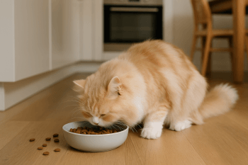 Chat : Photos prix d'un Highland Straight qui mange des croquettes