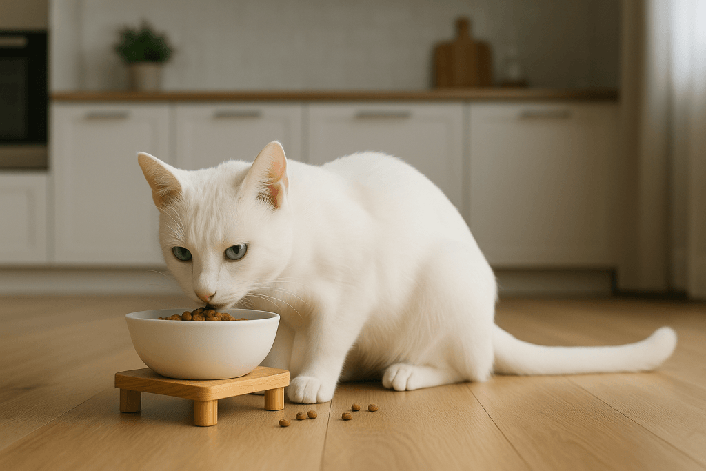 Chat : Photos prix d'un Khao Manee qui mange des croquettes
