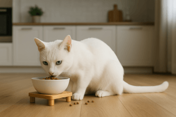 Chat : Photos prix d'un Khao Manee qui mange des croquettes