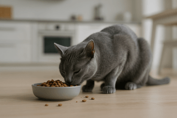 Chat : Photos prix d'un Korat qui mange des croquettes