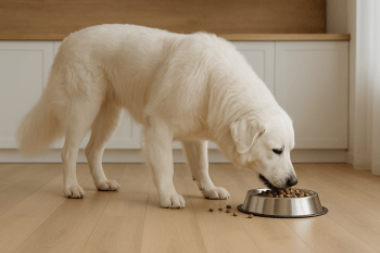 Chien : Photos prix d'un Tchouvatch Slovaque qui mange des croquettes