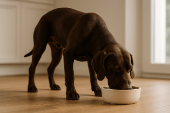 Chien : Photos prix d'un Braque Français de Type Gascogne qui mange des croquettes