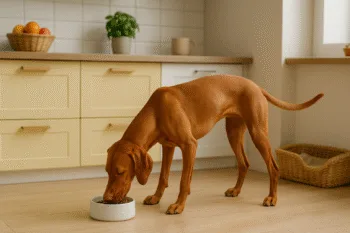 Chien : Photos prix d'un Braque Hongrois à poil court qui mange des croquettes