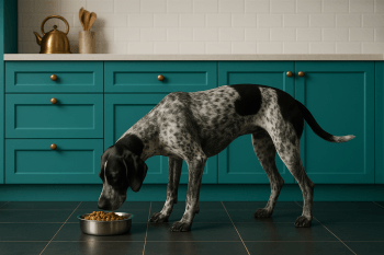 Chien : Photos prix d'un Braque d'Auvergne qui mange des croquettes