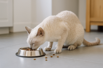 Chat : Photos prix d'un LaPerm qui mange des croquettes