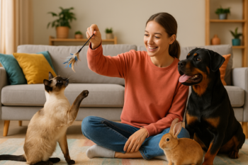 Garde dâanimaux Ă domicile avec un Rottweiler, un lapin et un chat dans un intĂ©rieur chaleureux.