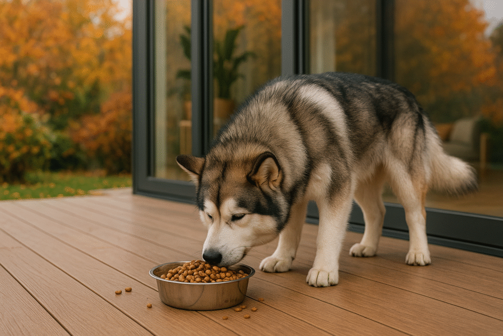 Chien : Photos prix d'un Alaskan Malamute qui mange des croquettes