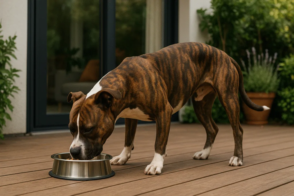 Chien : Photos prix d'un American Staffordshire Terrier qui mange des croquettes