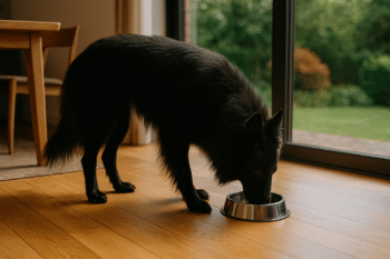 Chien : Photos prix d'un Berger Belge Groenendael qui mange des croquettes