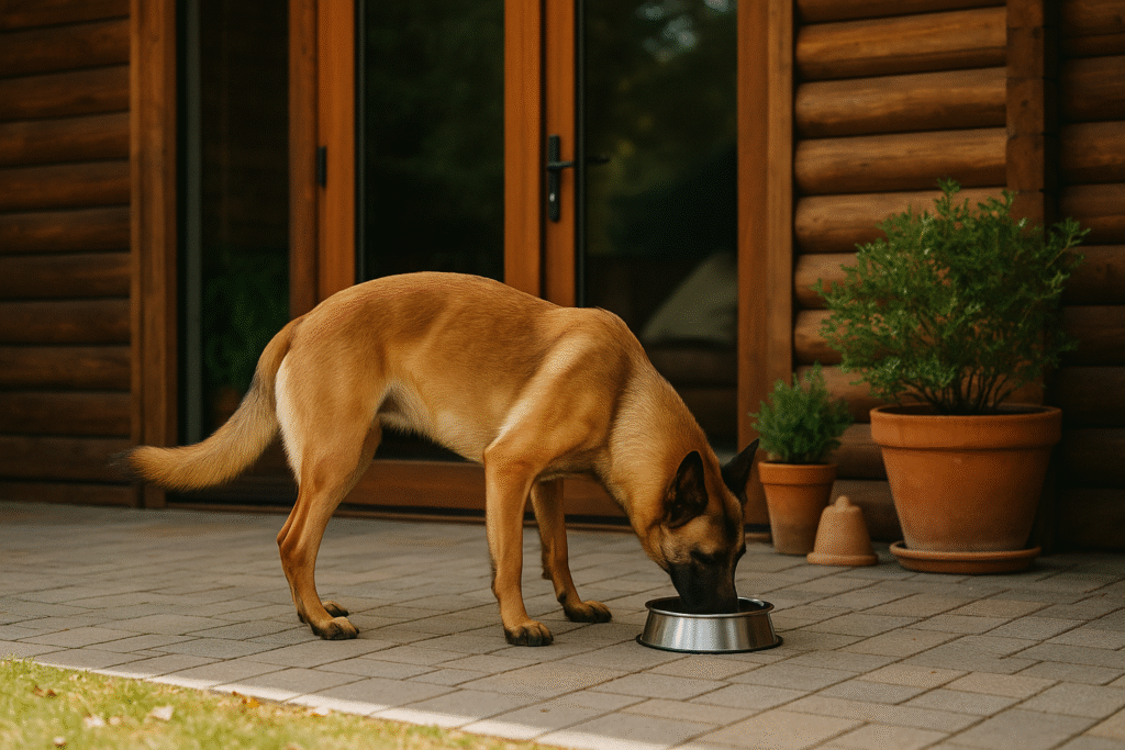Chien : Photos prix d'un Berger Belge Malinois qui mange des croquettes