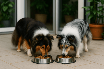 Chien : Photos prix d'un Berger des Shetland qui mange des croquettes