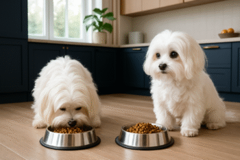 Chien : Photos prix d'un Bichon Maltais qui mange des croquettes
