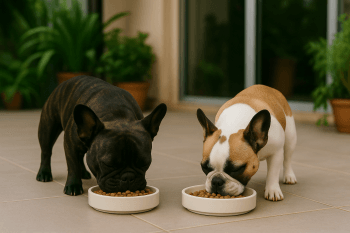 Chien : Photos prix d'un Bouledogue Français qui mange des croquettes