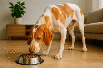 Chien : Photos prix d'un Braque Saint-Germain qui mange des croquettes