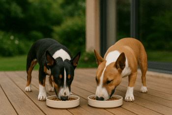 Chien : Photos prix d'un Bull Terrier qui mange des croquettes