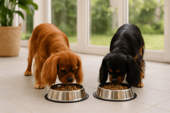 Chien : Photos prix d'un Cavalier King Charles Spaniel qui mange des croquettes