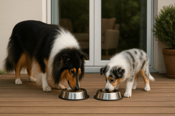 Chien : Photos prix d'un Colley à poil long (Rough Collie) qui mange des croquettes