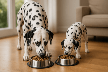 Chien : Photos prix d'un Dalmatien qui mange des croquettes