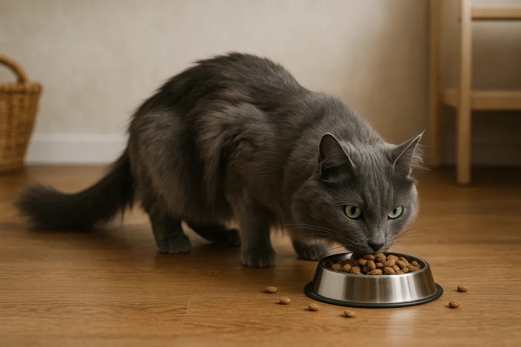 Chat : Photos prix d'un Nebelung qui mange des croquettes