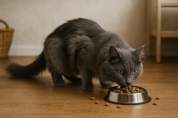 Chat : Photos prix d'un Nebelung qui mange des croquettes
