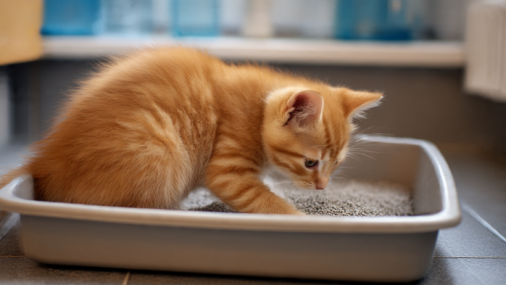 Chaton roux qui gratte dans son bac à litière, concentré sur le geste, dans une pièce carrelée.