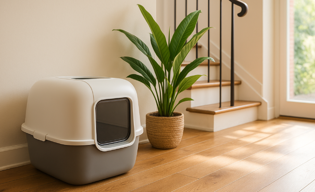 Maison de toilette pour chat placée près d’un escalier, sur parquet clair, à côté d’une plante verte en pot.