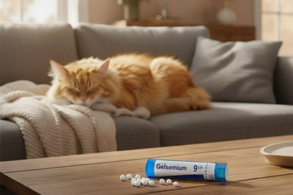 Chat roux endormi sur un canapé beige avec un tube de Gelsemium 9CH en homéopathie posé sur la table basse au premier plan.