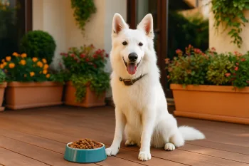 Chien : Photos prix d'un Berger Blanc Suisse qui mange des croquettes