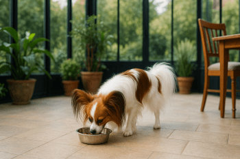 Chien : Photos prix d'un Épagneul Nain Continental qui mange des croquettes