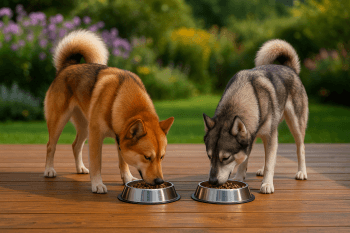 Chien : Photos prix d'un Laïka de Sibérie Occidentale qui mange des croquettes