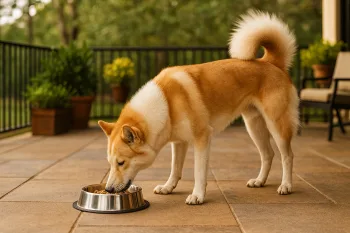 Chien : Photos prix d'un Laïka de Sibérie Orientale qui mange des croquettes