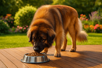 Chien : Photos prix d'un Leonberg qui mange des croquettes