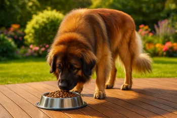 Chien : Photos prix d'un Leonberg qui mange des croquettes