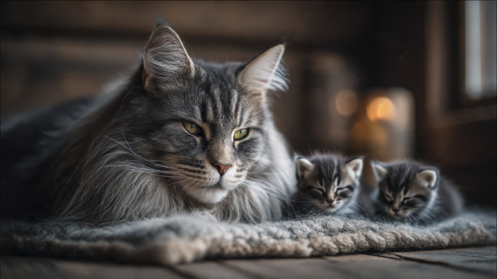 Maman Maine Coon allongée avec ses chatons sur une couverture, dans un intérieur chaleureux.